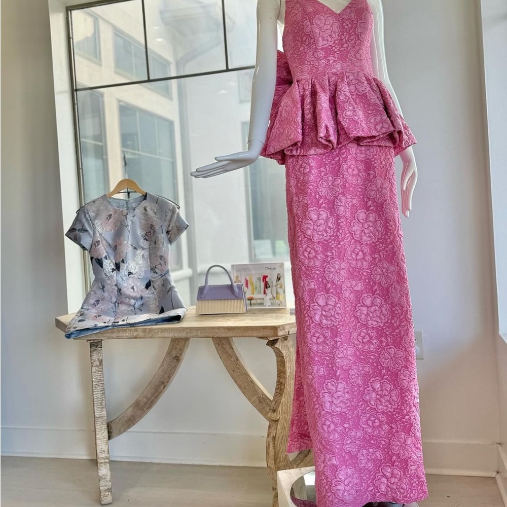 Jovani Pink Floral Lace Maxi Dress with Peplum